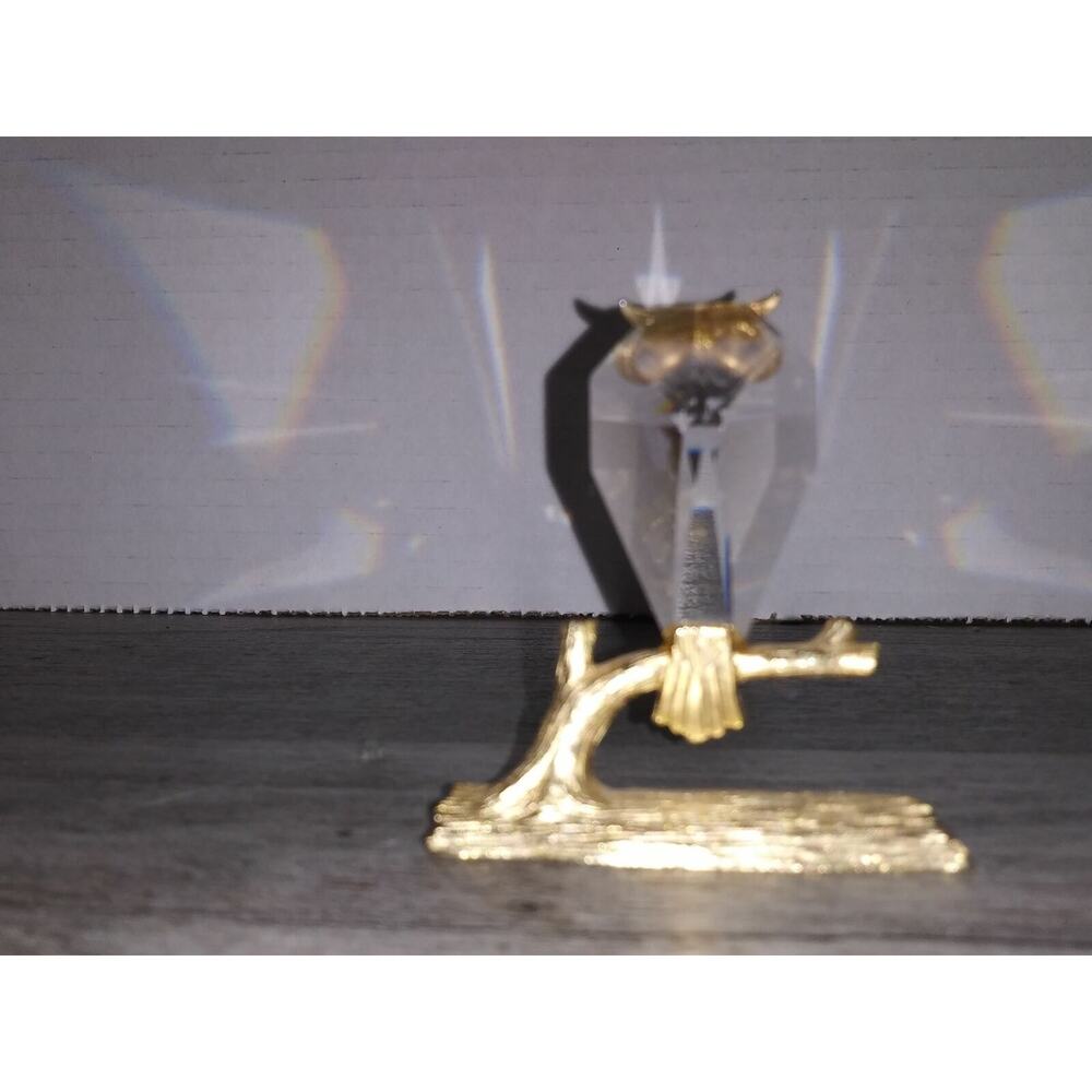 Crystal Owl 2 1/4" Figurine Miniature on Gold Tree Branch Faceted Excellent Bird - Picture 3 of 5